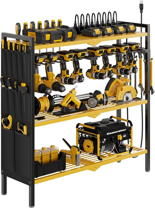 NattyDot Power Tool Organizer Cart with Charging Station, 8 Drills, Yellow | Freestanding Power Tool Cart Holds 8 Drills; Charging Station Powers Batteries while Sturdy Shelves Organize Garage Gear