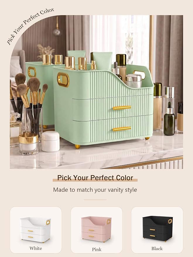 Booklov Large Makeup Organizer for Vanity, Bathroom Countertop, Green | Plastic Cosmetic Display Case with Drawers, Beauty Brush Holder for Dresser Counter Skincare Eyeshadow Lipstick Storage