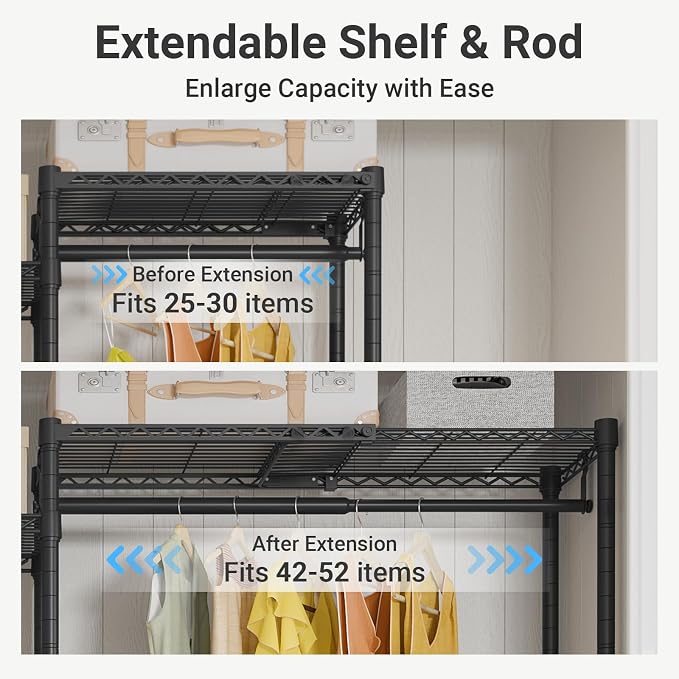 VIPEK X3 Plus Large Expandable Closet Rack Wardrobe Closet Organizer Black | Freestanding Clothes Racks with Adjustable Shelves and Hanger Rods from 5'10" to 8'8", Large Modular Closet Systems 1360LBS