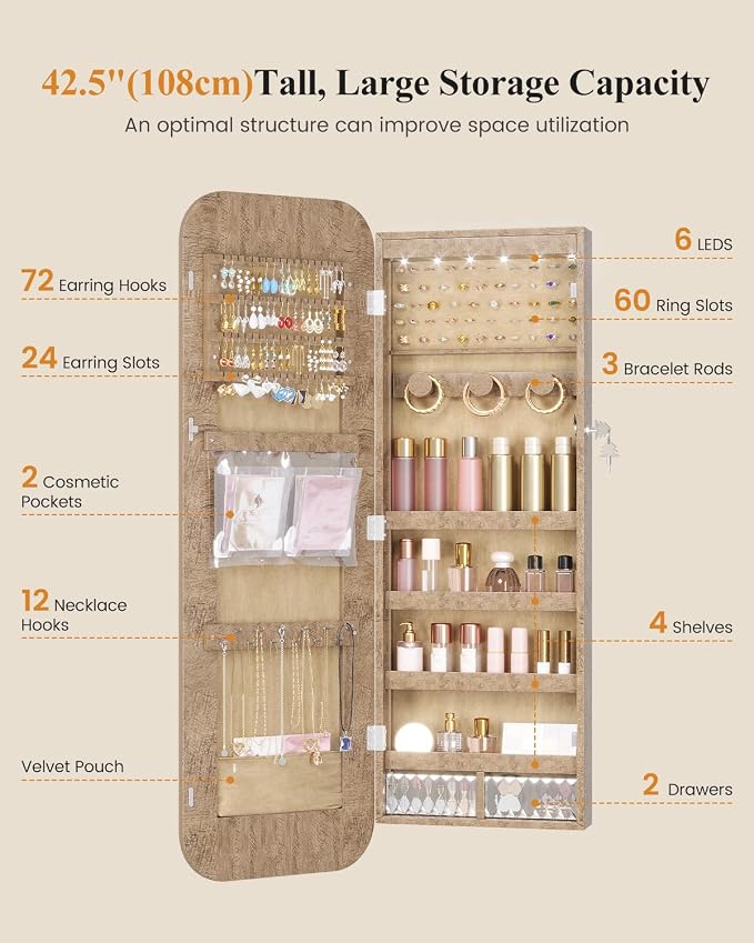 6 LEDs Mirror Jewelry Cabinet Door Hanging, 42.5", Lockable, Brown | Jewelry Organizer with Full Length Mirror, Wall Mounted Large Jewelry Storage for Earrings, Rings, Necklaces