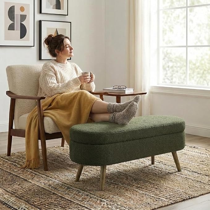 43.5” Storage Ottoman Bench，Upholstered Oval End of Bed Bench for Bedroom | Modern Linen Ottoman with Storage, Entryway Foot Rest with Wooden Legs, Lift-Top Lid with Safety Hinge, Living Room, Green