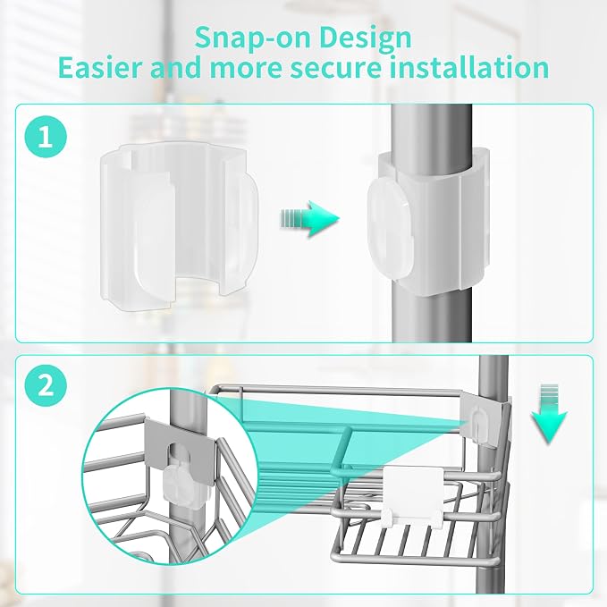 HapiRm Corner Shower Caddy Organizer - Shower Organizer Corner with Soap Holder, Toothbrush Holder and 4 Hooks, Rustproof Bathroom Shelf Tension Pole Available for 27.6 to 108.3 Inch - Silver