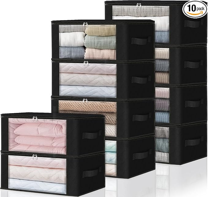 HomeHacks 10-Pack Clothes Organizer Storage Bags, 35L Storage Bins, Black | Foldable Storage Box Container with Zippers, Clear Window, Reinforced Handles for Closet, Dorm, Pillows, Bedding, Sweater