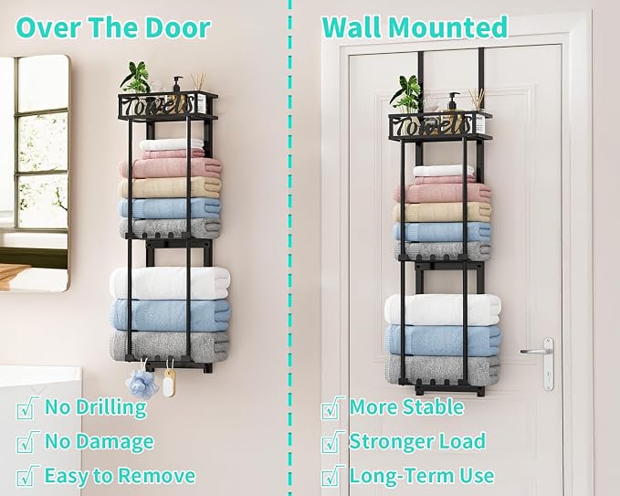 HapiRm Towel Rack Bathroom Storage - 3 Tier Over The Door & Wall Mounted Rolled Towel Racks Holder Organizer with Metal Shelf and 6 Hooks for Small Bathroom, Camper, Rv - Black (for 1.77 in Doors)