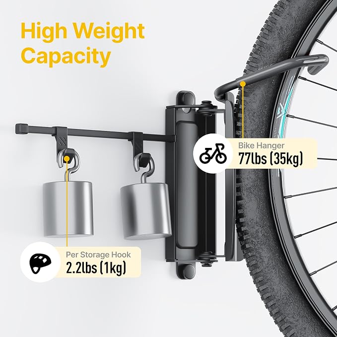 monTEK Swivel Bike Wall Mount with 2 Storage Hooks, Bike Hanger for Garage | Heavy-duty vertical bike storage rack holds 77 lb and swivels to save space; stores bike gear; fits tires up to 3.54 in wide