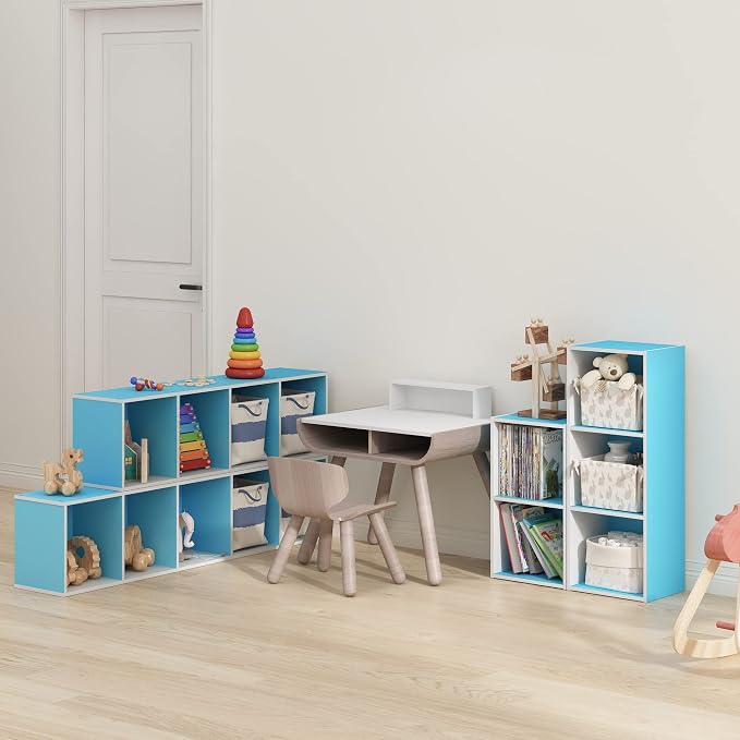 Furinno PASIR Book Shelf, 4-Tier Modern Bookshelf, Open Shelves Bookcase 9 x 12 x 42, Easy Assembly, for Living Room, Bedroom, Home Office, Light Blue/White