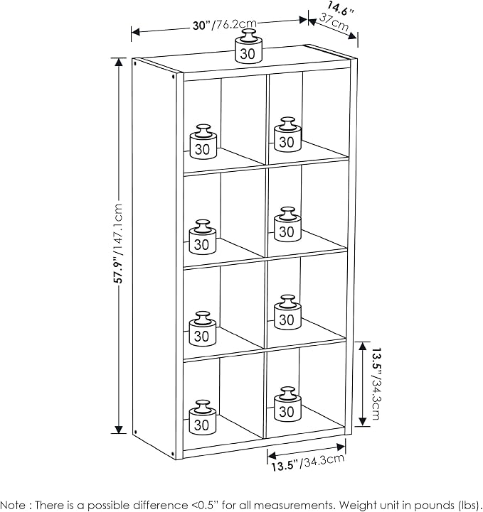 8-Cube Cubicle Bookshelf, Cube Bookcase with Open Back, Reversible Book Shelf, Cube Storage Organizer, 15 x 30 x 58, for Living Room, Home Office, White