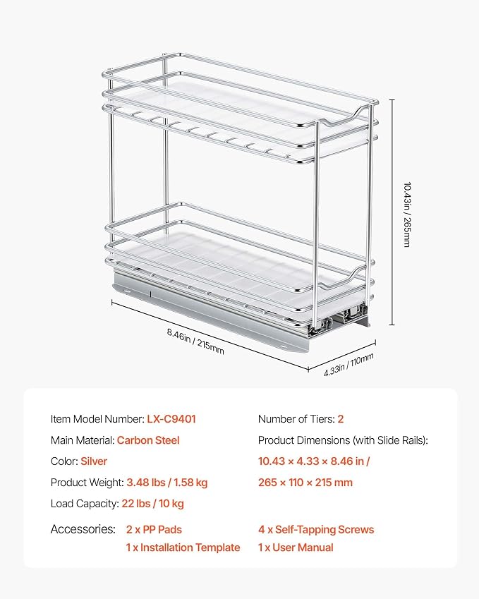 VEVOR Pull Out Spice Rack Organizer for Cabinet, 2 Tier Slide Out Spice Rack Organizer, Heavy Duty Metal Seasoning Kitchen Basket for Inside Cabinets & Pantry Closet, 4.33"W x 8.46"D x 10.43"H, Silver