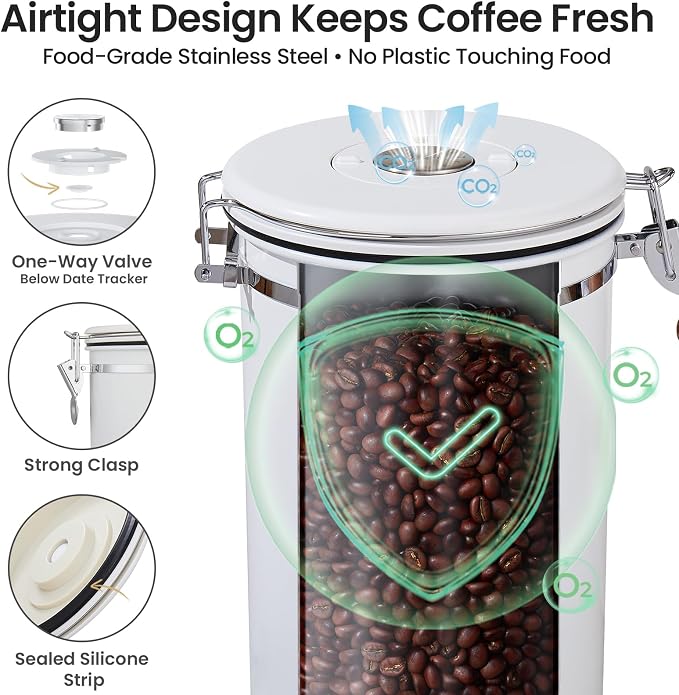 Veken Coffee Canister,39OZ, 2.2lbs,Large Airtight Stainless Steel Container | Date Tracker, Kitchen Food Storage Jars for Beans,Ground, Espresso, Rice,Tea, Sugar, Cereal, Cookie,Gifts, Lids, Scoop, White