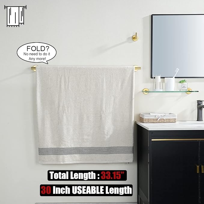 JQK Gold Towel Bar, 33 Inch 304 Stainless Steel Thicken 0.8mm Towel Rack Bathroom, Towel Holder Brushed Golden Wall Mount, Useable Length 30 Inch 2 Pack, TB110L30-BG-P2