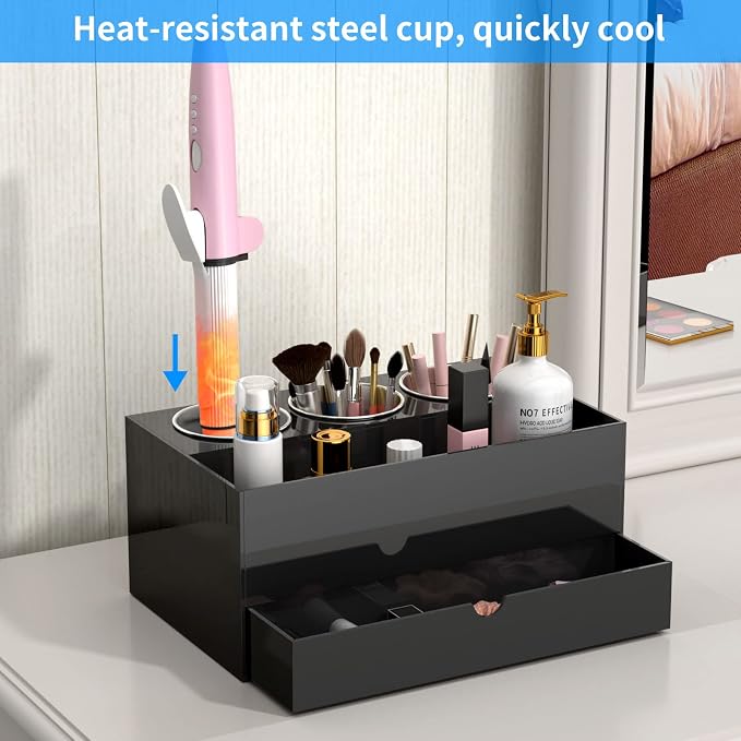 NIUBEE Acrylic Hair Tool Organizer with Drawer, Hair Dryer Holder Organizer | Black, Hot Tools Organizer Countertop with 3 Cups, Hair Blow Dryer Storage for Curling Iron, Brush, Straightener, Bathroom