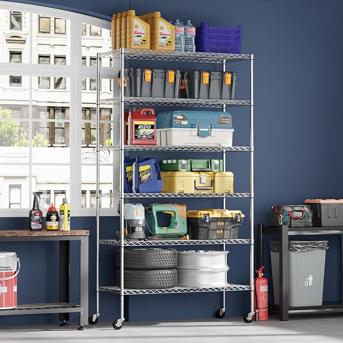 FDW | 6-Tier Wire Shelf with Wheels | 45" x 18" x 82" | Chrome | Storage Shelves with Adjustable Racks, Holds upto 510 lbs | Rust-Resistant, No-Tool Assembly | For Home, Garage