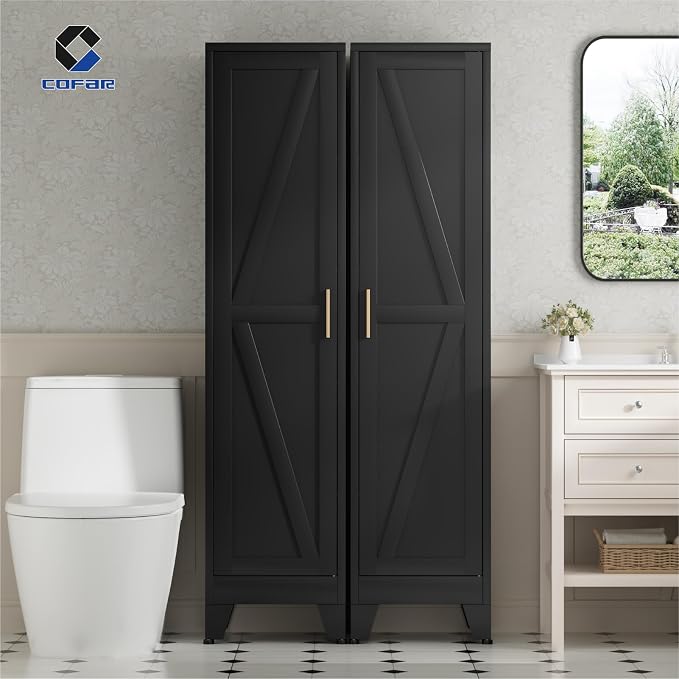 COFaR 67'' Tall Narrow Bathroom Storage Cabinet, Metal Farmhouse Skinny Pantry Cabinet with 4 Adjustable Shelves and One Door, Slim Cabinet Storage for Kitchen Garage, 5-Tier Black