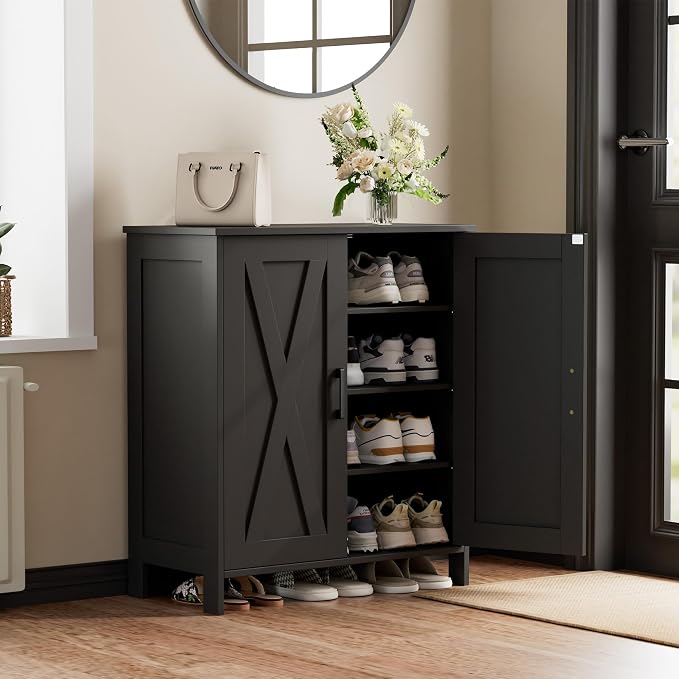 Homleke Farmhouse Shoe Cabinet with 2 Barn Doors & Wood Legs | Tall 4-Tier Shoe Storage Cabinet, 3 Adjustable Shelves, Shoe Rack Organizer, for Entryway, Hallway, Closet, Black