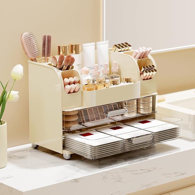 UFORU Makeup Organizer Countertop with 2 Large Drawers for Vanity Bathroom | Brush Holder, Large Capacity, Thickened Plastic, Compact Footprint, Space-Saving Design, Easy Clean, Ideal for Dorm Rooms