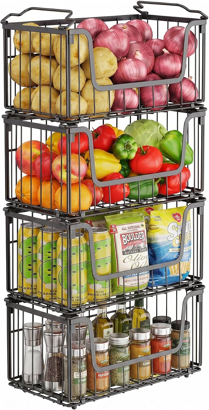 MSERCUOR 4 Pack Foldable Wire Basket for Pantry Organizers and Storage, Stackable Vegetable Fruit Basket for Kitchen Counter, Black Potato and Onion Storage Bin