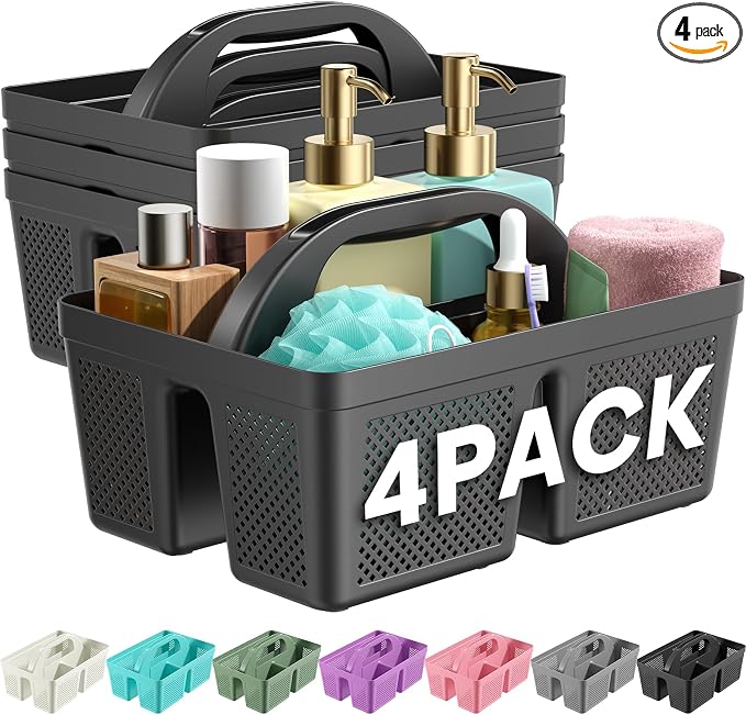 4 Pack Portable Shower Caddy, Integrated Handle, Reinforced Plastic, Organizer Storage Bathroom Supplies and Beauty Products, Cleaning Supplies, Shower Basket for Home, Dorm, Shelf and Cabinet