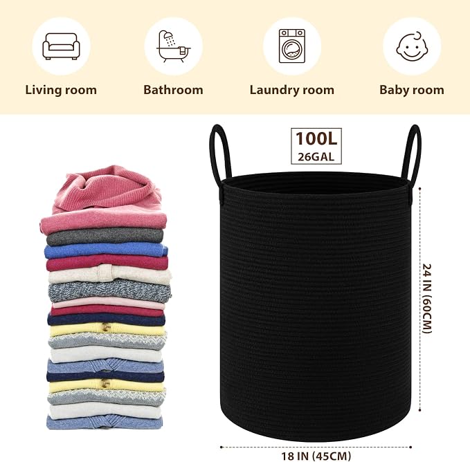 OIAHOMY Large Laundry Basket Hamper - 100L Cotton Rope Woven Basket for Blankets, Toys, Clothes - Tall Decorative Nursery Hamper with Long Handles, Black