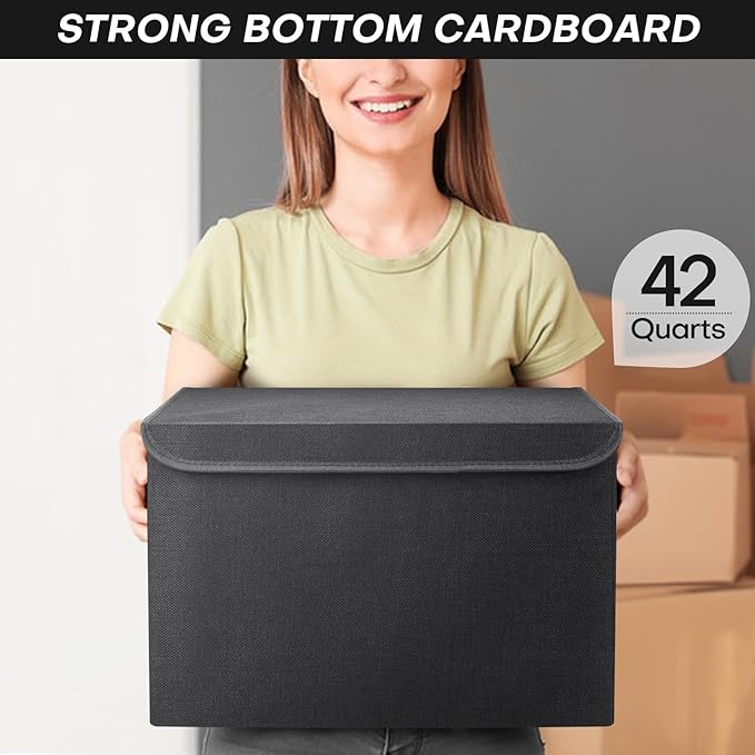 Bagnizer Large 42 Quarts Fabric Storage Bins with Lids [2-Pack] Linen Collapsible Foldable Storage Cubes, Closet Organizer Containers boxes with Handles for Home Office (16.7 x 12 x 12, Black)