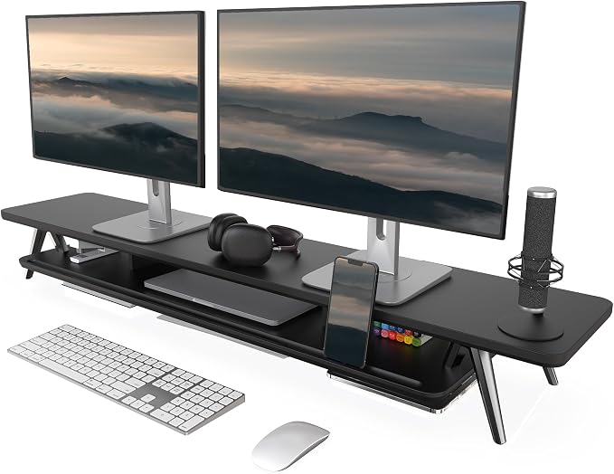 Fenge Dual Monitor Stand Riser, Wooden Desk Shelf with 2-Tier Storage | 47.2-Inch Extra Wide, Sturdy Aluminum Legs, Built-In Phone & Tablet Slot, Desktop Organizer for Office Accessories