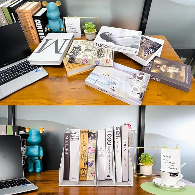 Mesh Magazine File Holder, 2 Pack Set, with Pen Holder | Sturdy Desk Organizer. 4 compartments for magazines, documents. Desktop storage for office & home. White.