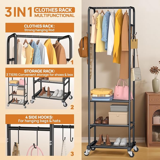 Clothes Rack with Wheels, Freestanding Garment Rack with 3 Metal Shelves for Hanging Clothes, Portable Hanging Rod for Small Room, Bedroom, Bathroom (Black)