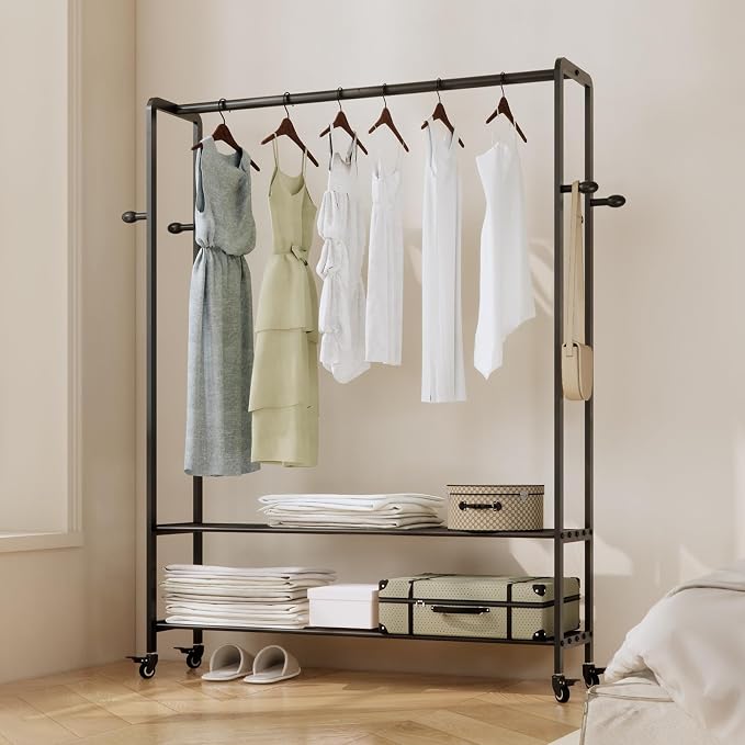 Black Rolling Garment Rack with Shelves and Hooks,Freestanding Metal Clothing Rack with Wheels,Modern Clothes Hanging Rack for Bedroom,Closet,Boutique Display