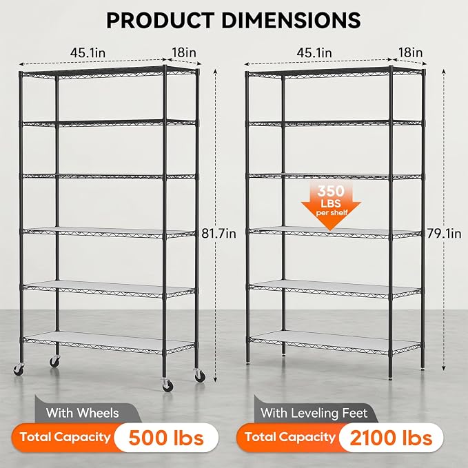 BestOffice | 6-Tier Wire Storage Shelves with PP Shim | 18x45x82 | Black | Wheels | Adjustable Racks | Heavy-Duty Metal Shelf, Holds Upto 2100 lbs | No-Tool Assembly | Ideal for Home & Garage Shelving