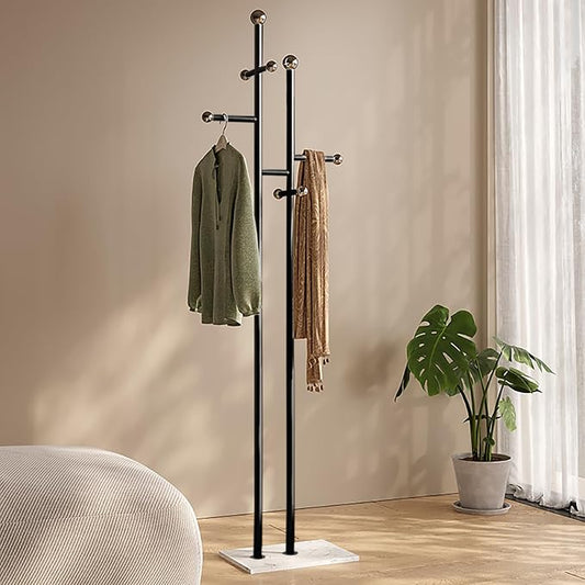 Metal Standing Coat Rack for Entryway Bedroom Living Room (Black) | Easy Assembly, Compact Footprint, Space Saver, Metal Frame, Marble Base, Sturdy, 8 Spherical Hooks, Office, Corner