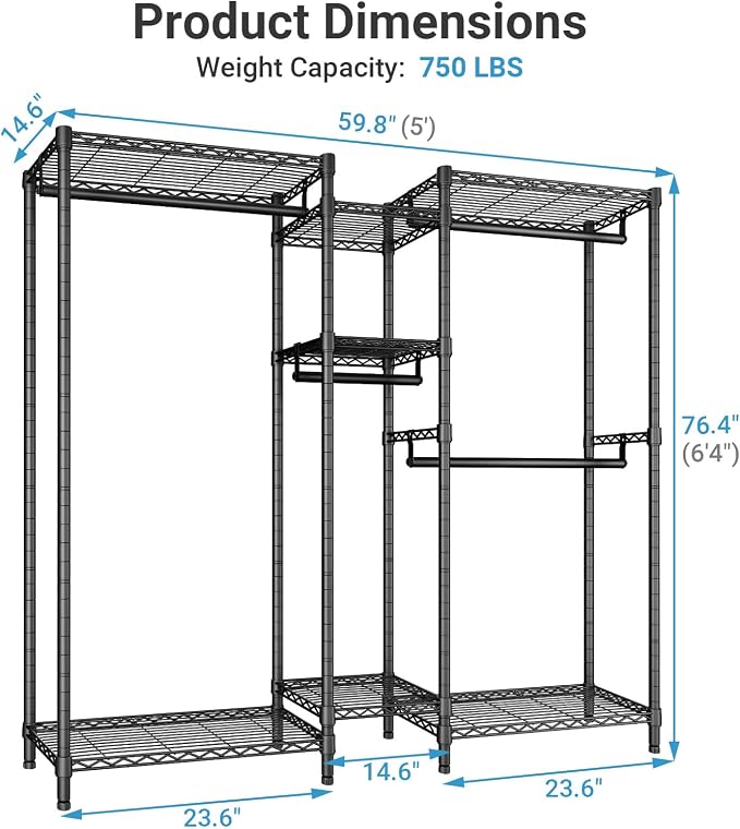 VIPEK Classic V6 Medium Heavy Duty Clothes Rack, Dynamic Closet System | Compact Metal Freestanding Clothing Rack 750lbs Capacity, 5FT Wide Closet Organizer System for Bedroom, Black