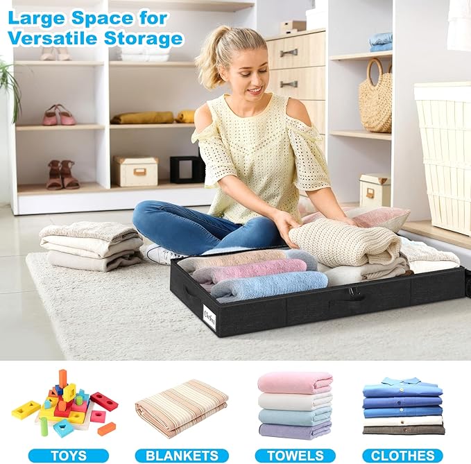 Under Bed Storage Container Bins 4 Pack, 5 Inch Thin Low Profile Underbed Clothes Storage Organizer for Dorm & Home, Use for Blanket and Toy Storage Box W/ Sturdy Bottom/Sides, Foldable Thick Fabric