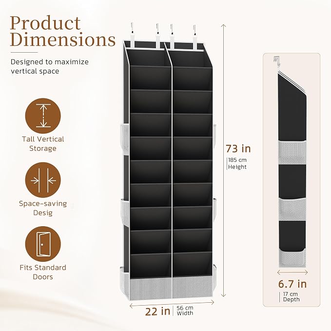 Over the Door Shoe Organizer, 20-30 Pairs Heavy-Duty Hanging Shoe Storage with Large Pockets, 10-Tier Door Shoe Rack with 4 Hooks for Sneakers Sandals Heels Boots (Black)