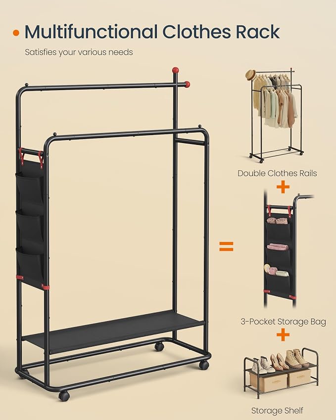 SONGMICS HOME Double-Rod Clothes Rack, Clothing Rack on Wheels, Portable Garment Rack, with 2 Clothes Hanging Rails, Fabric Shelf and Storage Bag, Matchstick-Shaped Hooks, Ink Black UHSR171B01