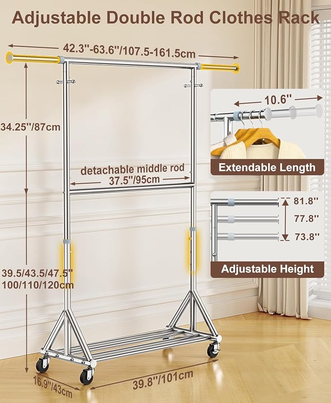 100% Stainless Steel Heavy Duty Clothes Rack Load 860 LBS, Two Tier Rolling Garment Rack with Wheels, Adjustable Double Rod Clothing Rack for Hanging Clothes, Closet Rack for Storage and Organization