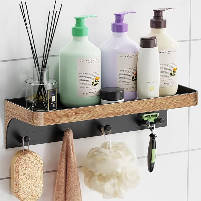 Shower Caddy Adhesive with 5 Hooks & Drainage, No-Drill, Wood | Plastic Wall Bathroom Shelf Rack Organizer, Inside Shower Storage Holder for Bath Accessories, Bathroom Shelves Wood-Look