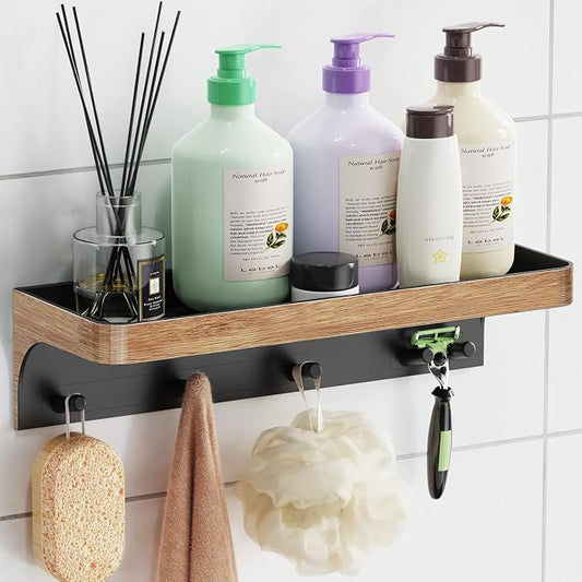 Shower Caddy Adhesive with 5 Hooks & Drainage, No-Drill, Wood | Plastic Wall Bathroom Shelf Rack Organizer, Inside Shower Storage Holder for Bath Accessories, Bathroom Shelves Wood-Look
