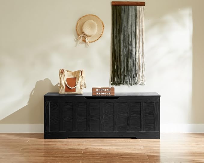 VANKILEY 51.2" Storage Chest Extra Large,Wooden Storage Bench,Black | Chest with 2 Safety Hinges, 51.2*15.7*19.1inches, Wooden Trunk for Bedroom, Livingroom,Entryway,Easy Assembly.