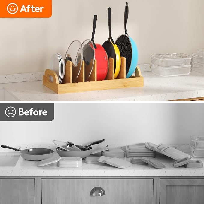 Lifewit Bamboo Pot Lid Organizers for Inside Cabinet, Pan Lid Holder with 6 adjustable Inserts & 7 Sections, Kitchen Pantry organizer and storage, Extra Large, 15.6" X 8.1"/40 x 21cm