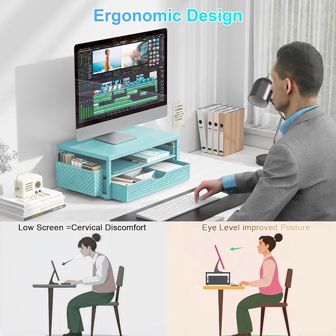 gianotter Desk Organizers and Accessories, Monitor Stand with Drawer and 2 Pen Holder, Desktop Organizer Suitable for Offices and Dormitories (Blue-Plain)