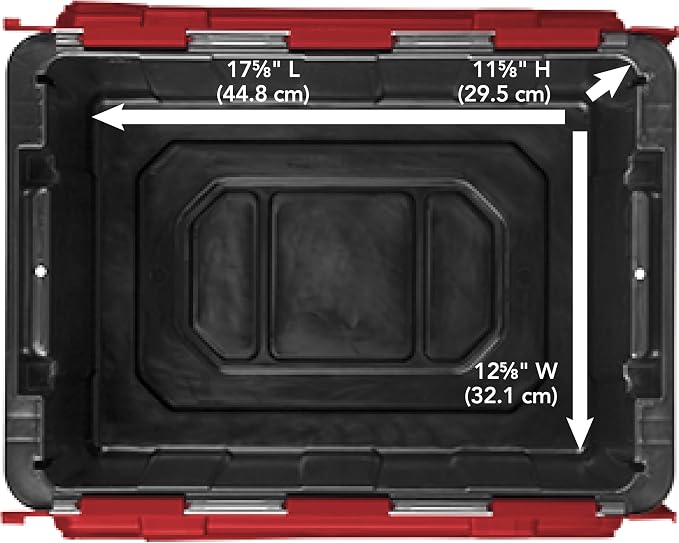 Sterilite 12 Gal Hinged Lid Industrial Tote, Stackable Storage Bin with Hinge Lid, Plastic Container to Organize Basement, Black with Red Lid, 6-Pack | Heavy-Duty and Stackable Utility Box Containers for Home, Office, and Basement Organization, Black/Red