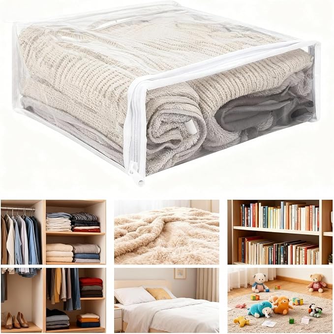 12Pcs Clear Storage Bags with Zipper, Blanket Storage Bags Plastic PVC Clothing Storage Bag, Bed Sheet Organizer Pillow (clear, 14.2 x 12 x 3.2 Inch)