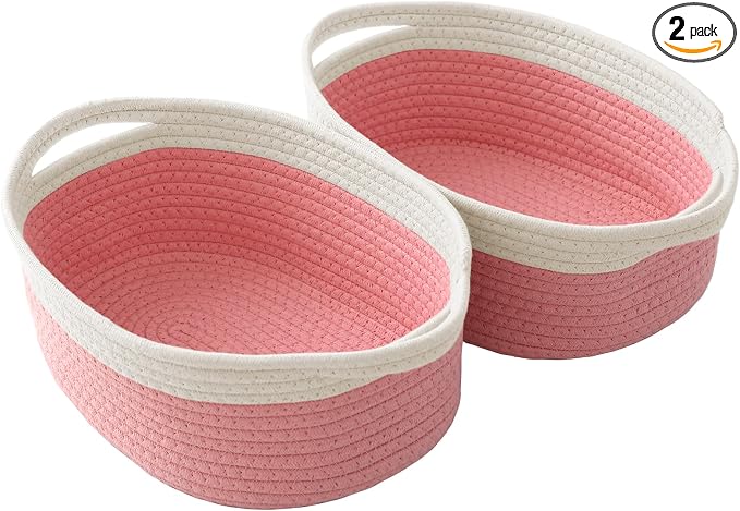JMvicyroam Small Woven Basket, Empty Gift Basket, White&Pink/2 Pack | Small Gift Basket, Cotton Rope, 12 x 8 x 70 in, Handles, Includes Ribbon and Bag, Birthday Gift Basket