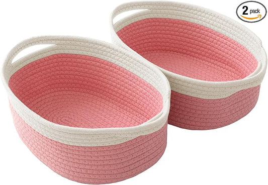JMvicyroam Small Woven Basket, Empty Gift Basket, White&Pink/2 Pack | Small Gift Basket, Cotton Rope, 12 x 8 x 70 in, Handles, Includes Ribbon and Bag, Birthday Gift Basket