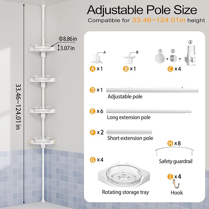 360° Rotating Corner Shower Caddy Tension Pole Organizer (White) | 4-Tier rotating shelves with hooks, adjustable tray height, upgraded rustproof metal pole, removable trays for shower storage