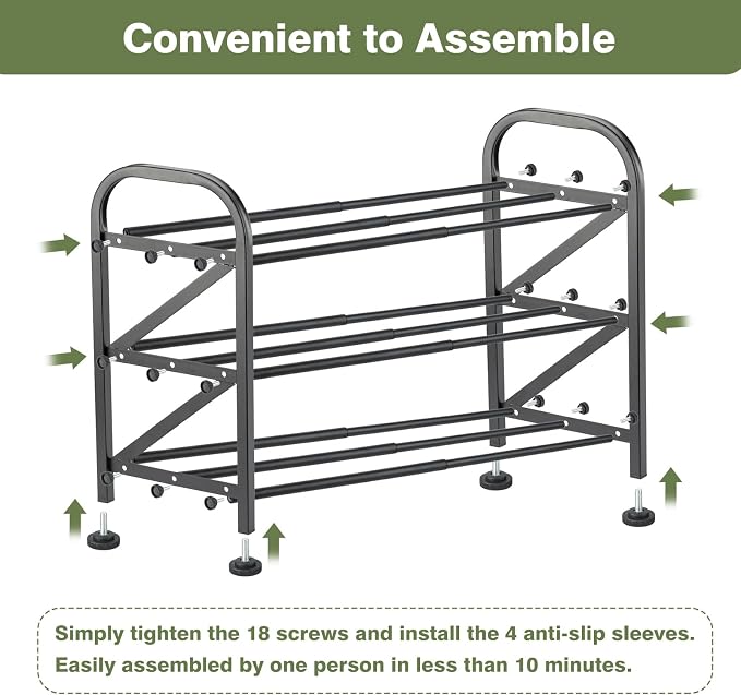 3 Tier Expandable Shoe Rack for Closet, Adjustable Small Shoe Organizer Storage, Heavy Metal Free Standing Narrow Shoe Racks for Entryway, Garage, Doorway Black 16"-33"