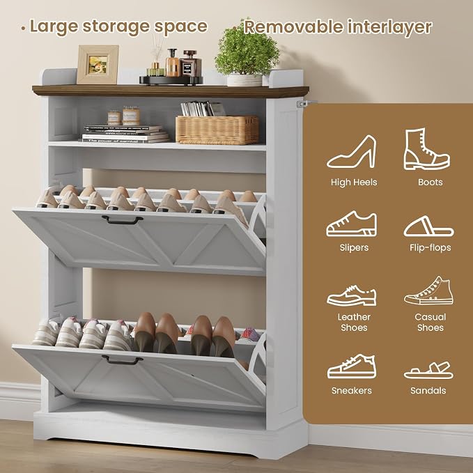 Farmhouse Shoe Cabinet with 2 Flip Drawers & Open Storage, 31.5" W White | Freestanding shoe cabinet with flip drawers ,white design and space-saving storage for entryway,foyer & hallway.