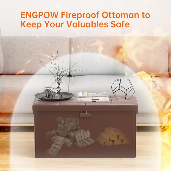 ENGPOW Storage Ottoman Bench,Fireproof Folding Bench with Lock,30 Inches Fire＆Water Resistant Storage Chest Foot Rest Stool Leather Bedroom Bench with Storage Safe for Document,Valuables, Brown