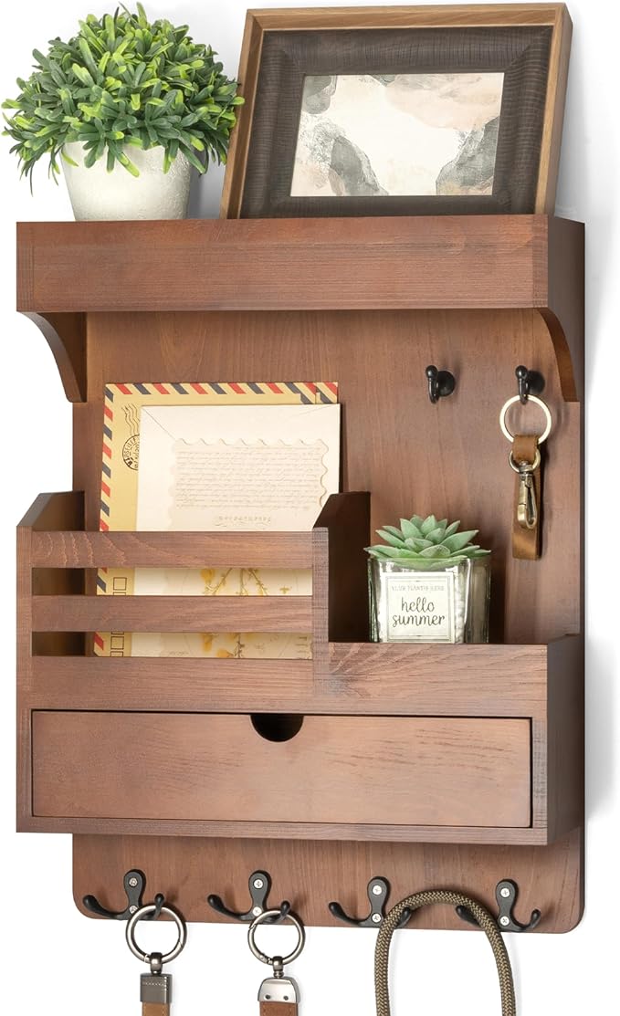 Rebee Vision Key Holder Wall Mount with Drawer Organizer for Entryway,Brown | Pine Wood, 6 Key Hooks, Display Shelf for Plants, Mail Slot for Storage Letter, Multi-Funtional Design, Home Storage