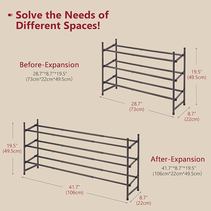 Expandable Shoe Rack for Closet 3 Tier, 28“-41“Stackable, Bronze | Adjustable Shoe Organizer Closet Shoe Rack Floor, Metal Long Shoe Shelf Storage for Entryway, Garage, Front Door Entrance