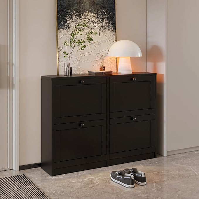 VOWNER Shoe Cabinet with 4 Flip Drawers, Freestanding Shoe Storage Cabinet with Adjustable Shelf & Anti-Tipping Device, Shoe Rack for Entryway, Hallway, Living Room (Black)